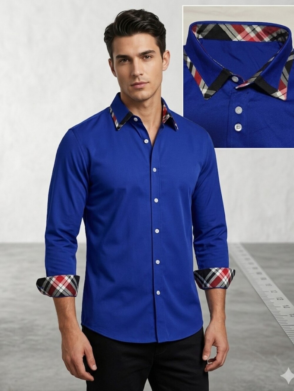 NWT Whatlees Men's Slim Fit Dress Shirt Royal Blue Plaid Trim Accent Size Medium